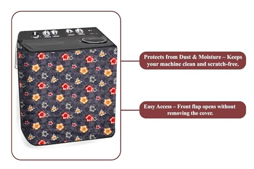 Image of The Furnishing Tree Polyester Waterproof Semi Automatic Washing Machine Cover Suitable for LG 9 Kg, 9.5 Kg & 10 Kg, Dimension DxWxH In Cms: ( 53.3x89x99 ), Floral Pattern Grey