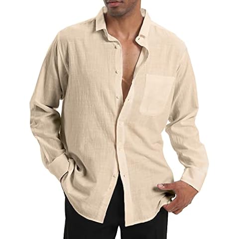 YAOGRO Cotton Linen Beach Shirts: Men's Casual Button Down Long Sleeve Loose Fit Dress Shirt with Pocket Tops Khaki Cover