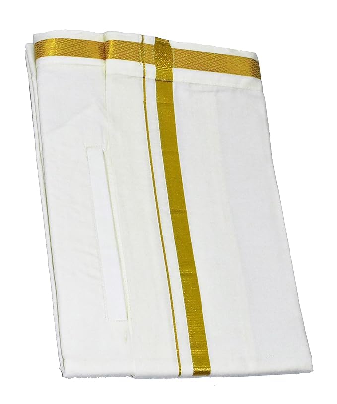 Image of Adjustable 28 to 44 Inches Velcro White Cotton Pocket Dhoti with Gold Jari Border For Mens