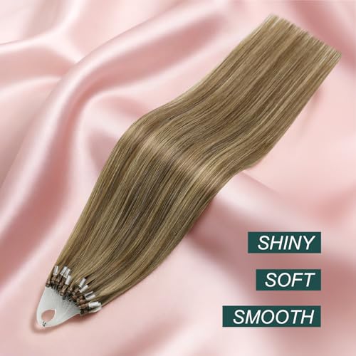 Image of Easyouth 18 Inch Micro Loop Hair Extension Real Human Hair Brown, Invisible | Micro Hair Extensions Human Hair Highlight, Medium Brown with Caramel Blonde, 57g 50s, for Everyday Wear, for Women, Natural