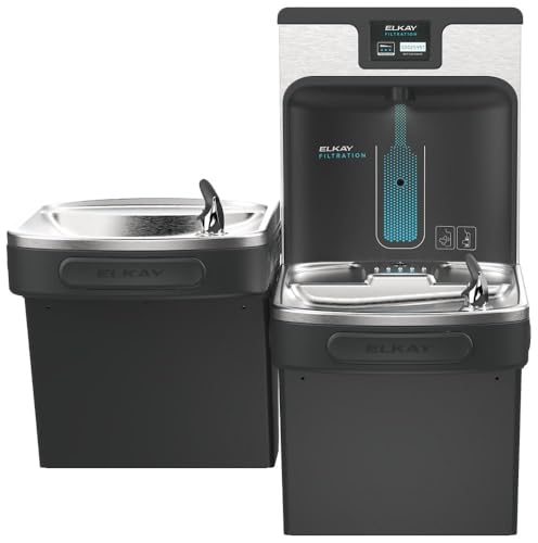 Image of Elkay LZSTL8WSMP ezH2O Enhanced Filtered Bottle Filling Station w /Fountain | Bi-level, NSF Certified, Reduces Lead & Microplastics, ADA Compliant, Midnight Black, Refrigerated