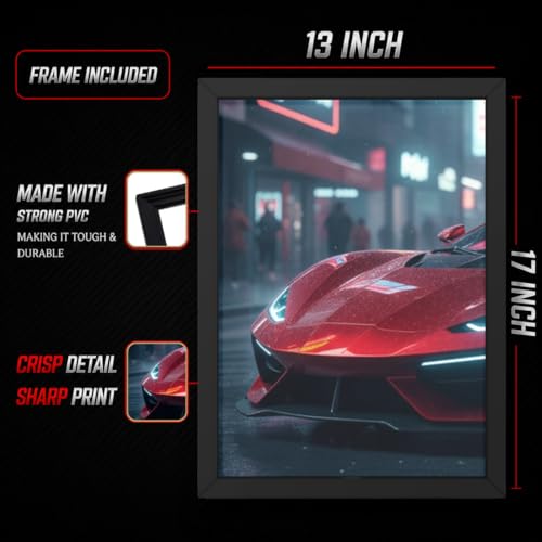 Image of BeauKraft Supercar Racing Poster Set for Wall - 3 Panel Split Posters (13x17 in Each, Framed), Sports Car Wall Art Decor for Boys Room, Living Room, Garage & Men's Bedroom (Framed - Red)
