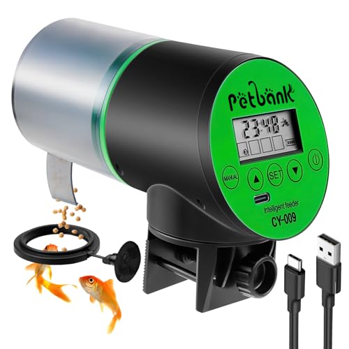Automatic Fish Feeder for Aquariums – Rechargeable Auto Fish Food Dispenser Timer Feeder with USB Charger Cable，LCD Screen, Customized Schedule