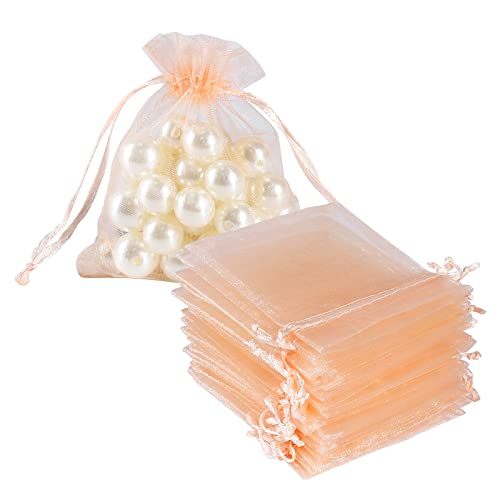 Image of HRX Package 100pcs Little Organza Bags 3 x 4 inch, Blush Peach Mesh Bags Drawstring Pouches for Jewelry Bracelets Candy Party Favor Small Gift