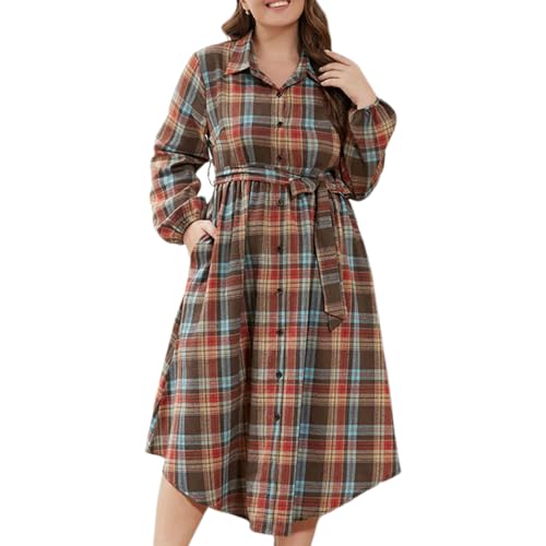 Damen Plus Size Hemdkleid Casual Lose Langarm Umlegekariertes Kleid Ausgehen Langes Kleid mit Gürtel, A-Kaki, 3XL