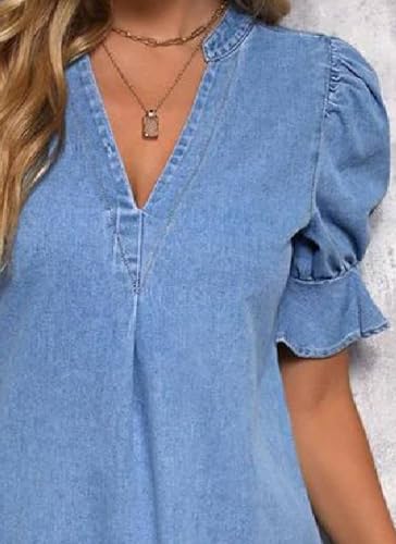 Women's Short Puff Sleeve Ruffle Denim Blouse Notched V Neck Jean Shirts Tunic Tops Slim Plain Pullover 2025 Summer4