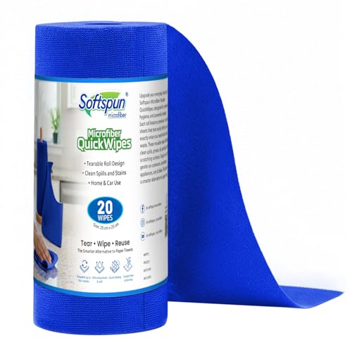Image of SOFTSPUN Microfiber Cleaning Roll - 20 Quick Wipes, 10X Cheaper Than Paper Kitchen Roll Reusable & Lint-Free Cloth for Kitchen, Glass & Home Cleaning | 25x25 cm (Blue)