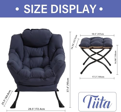 Image of Tiita Modern Large Accent Chair with Ottoman, Navy, Comfy Leisure Sofa Armchair with Ottoman, Reading Chair with Footrest for Bedroom, Living Room, Dorm Rooms
