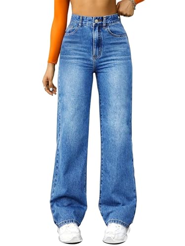 Y2k Boyfriend Trendy Stretch Long Denim Pants, Fall Trendy High Waisted Stretchy Washed Straight Wide Leg Denim Pants 20252