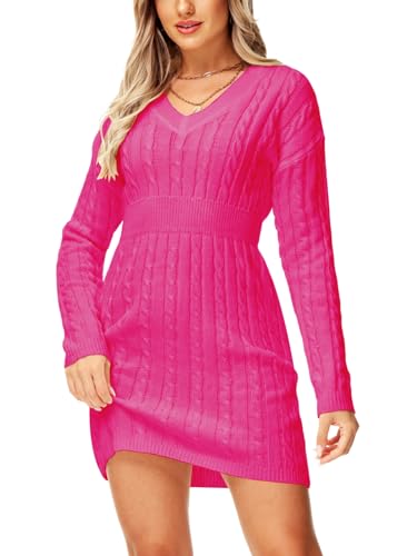 Image of Deerose Women V Neck Sweater Dress Cable Knit Long Sleeve Pullover Sweaters