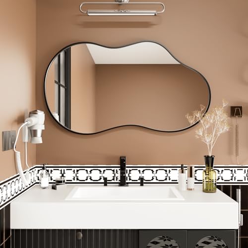 Image of WEER Irregular Asymmetric Wall Mirror 60x90cm Artistic Vanity Mirror with Cloud Frame Black Unique Shaped Decorative Mirror for Living Room Bedroom Hallway