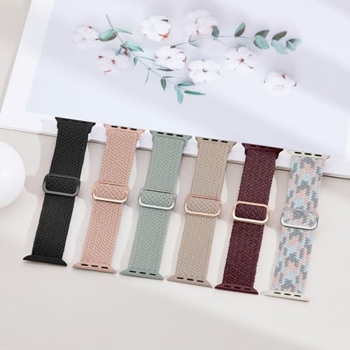 Image of 6 Pack Braided Stretchy Bands Compatible with Apple Watch Band 38mm 40mm 41mm 42mm 44mm 45mm 46mm 49mm Women Men, Adjustable Nylon Solo Loop Elastic Straps for iWatch Series 11 10 9 8 7 6 5 4 SE Ultra