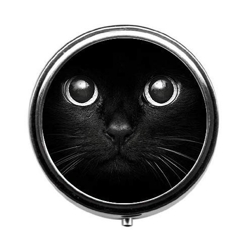 Qien BaiSei Black Cat Face Pill Box/Pill Case-Round Pill Box/Case- Three-Compartment Pill Box/Pill Case