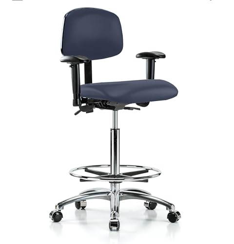 Image of Perch Chrome Multi-Task Office Chair with Adjustable Armrests and Foot Ring | High Bench Height 26.25 inch-36 inch | Imperial Blue Vinyl