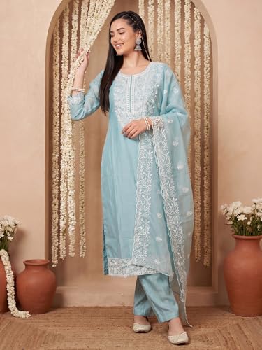 Image of INDO ERA Women's Straight Cotton Kurta Palazzo with Dupatta Set | Cotton kurta sets for women
