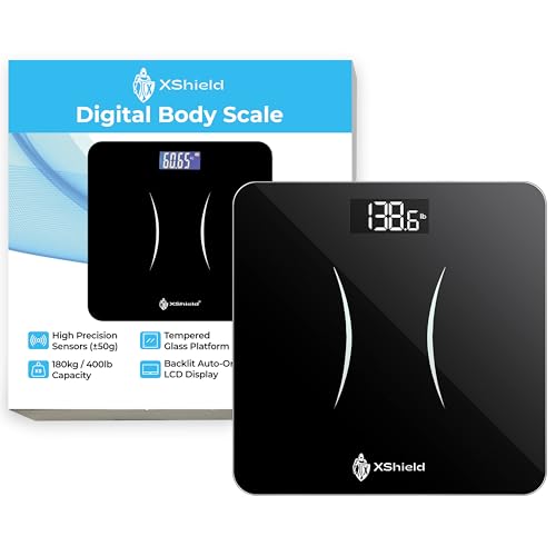 XShield Digital Bathroom Scale | High Precision Body Weight Scale with 180kg/400lb Capacity | Backlit LCD Display, Tempered Glass, Auto Calibration & Anti-Slip Feet | 2×AAA Batteries Included