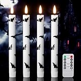 Lasumora Halloween Flameless Taper Candles with Remote Timer, 4 Pack LED Flickering Candlestick, 9.65 Inch Battery Operated Real Wax Candles with Bat Prints for Halloween Decorations