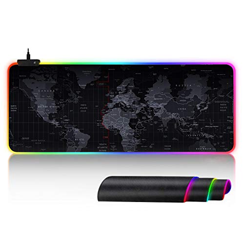 Feicuan Tapis de Souris Gaming RGB XXL Tapis de Souris à LED Lumineuse Grande Tapis de Souris Gamer Mouse Pad - Imperméable à l'eau antidérapant Surface - Noir Carte du Monde (800 x 300 x 4 mm)