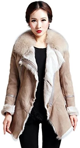 Feissi Women's Toscana Sheepskin Coat with Fox Fur Trimmed Collar (M) Khaki