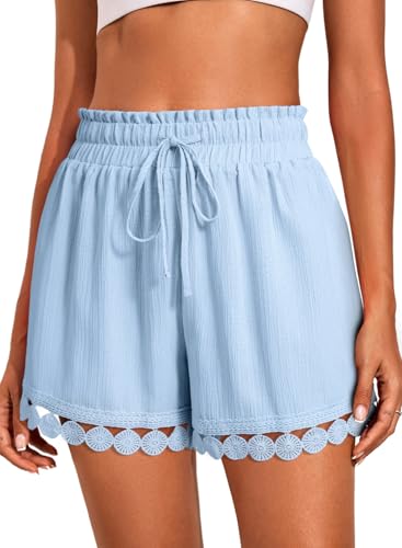 Dokotoo Shorts for Women Elastic Waist Lounge Shorts Comfy Drawstring Lace Trim Blue Short Summer Beach Loose Ruffle Beach Vacation Clothes for Women Large