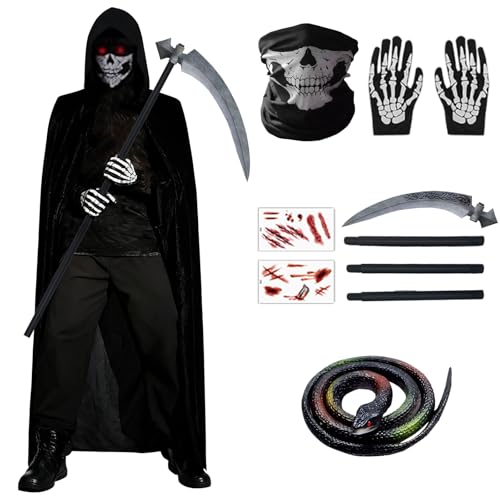 Costume d'Halloween de faucheuse 5 pièces – Robe squelette – Gants phosphorescents – Masque de tête de mort – Cape à capuche noire – Accessoires de déguisement pour homme, femme, adulte et enfant