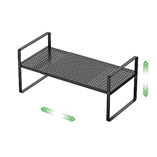 SOFRON Expandable Cabinet Organizer Shelf - Adjustable Width (16.5”-27.1”), Stackable, Heavy Duty 80 lbs, for Kitchen Pantry, Countertop, Office, Spice Rack - Black, Large Size, 1 Pack