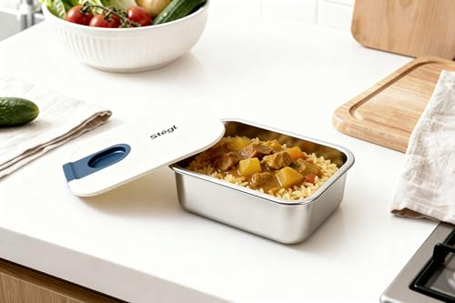 Image of STEGL 1050ml Rectangle Stainless Steel Food Container | Premium 304 Grade Steel Base | One-Hand Easy-Slide Lid with Pull-Ring | Airtight Leak-Proof Meal Prep Storage Container