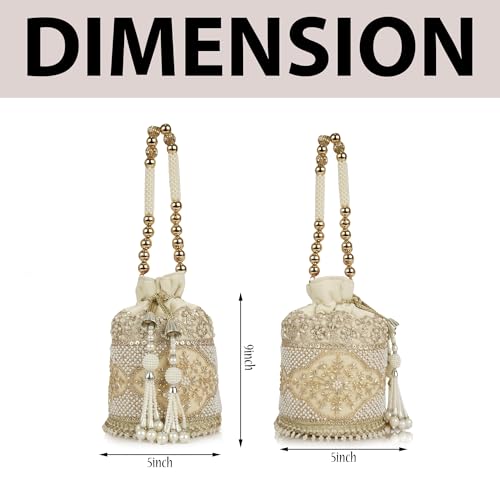 Image of Nevis Silk Fabric Luxury Pearl Embroidered Potli Bag for Women | Bridal Ethnic Drawstring Clutch with Beaded Handle Wedding