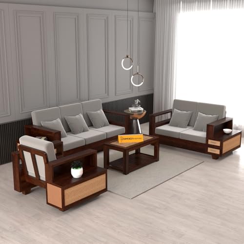 Image of Sheesham Wood 6 Seater Sofa Set with 2 Drawer Storage | 3+2+1 Wooden Sofa Set Furniture for Living Room Home Office (Natural Cane,Walnut Finish)