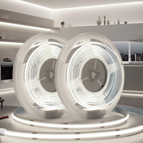 BRIMETI Striscia LED COB 12V 10M Luce LED Tubo Interno Autoadesivo 6000K Bianco Freddo 320LEDs/M Strisce Nastro Nastri Larghezza 8mm, per Cucina, Soggiorno, Bar Feste (Senza Alimentatore)