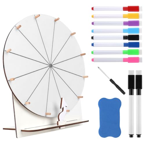 Hojalis Glücksrad zum Drehen 29cm Hölzernes Glücksrad 12 Slots TischGlücksrad Glücksrads Zum Selbstgestalten mit Radiergummi und Markierstift für Glücksspinnspiel Karneval Hauspartys (Weiß)