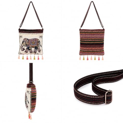 Image of Elephant Print Canvas Tote Bag for Women, Ethnic Shoulder Handbag with Multicolor Elephant Design, Dual Handle Everyday Carry Bag for Shopping, Office, College, Travel & Daily Use