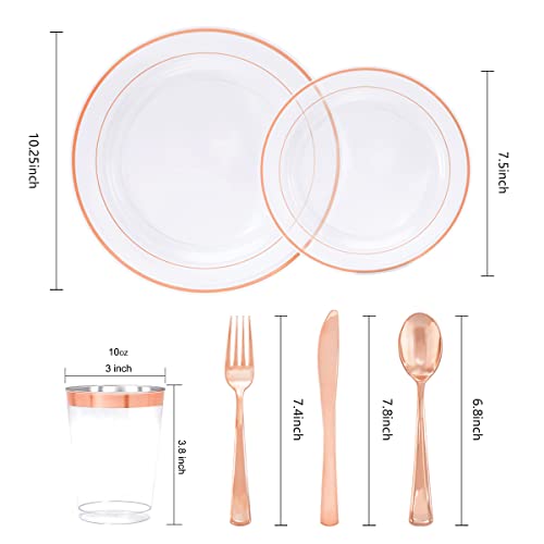 I00000 25Guest Rose Gold Plates With Disposable Silverware, Disposable Dinnerware Includes 25 Dinner Plates 10.25", 25 Salad Plates 7.5", 25 Tumblers, 25 Forks, 25 Knives, 25 Spoons For Party #TOP1