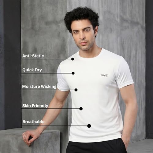 Image of playR Men's Polyester Adult Training Tee - Round Neck Half Sleeve Regular Fit DRIVENT, Lightweight Breathable Activewear for Gym Running Workout Yoga All Season