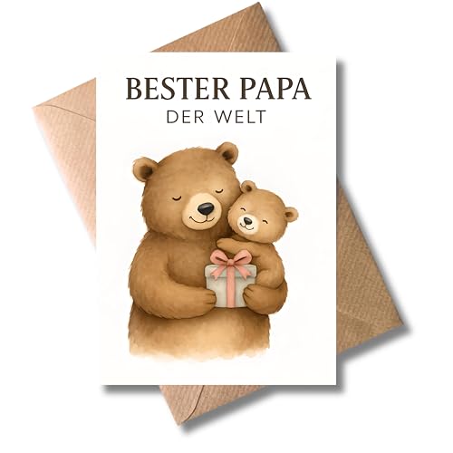 WBdesignz Bester Papa der Welt Karte mit Umschlag - Süße Geburtstagskarte für Vater mit Bärenmotiv & Geschenkbox - Herzliche Glückwunschkarte zum Geburtstag Vatertag Jubiläum (DIN A6)