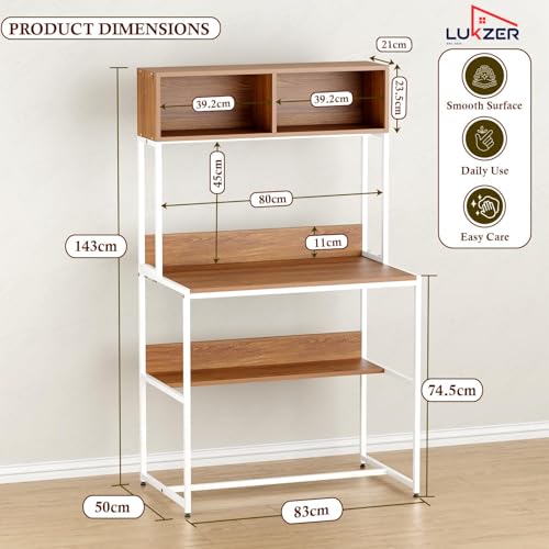 Image of Lukzer Study Table with Open Bookshelf | Engineered Wood with Metal Frame Desk | Modern & Space Saving Computer Workstation with Hutch for Home & Office (MST-010 /White & Oak Brown /143x83x50 cm)