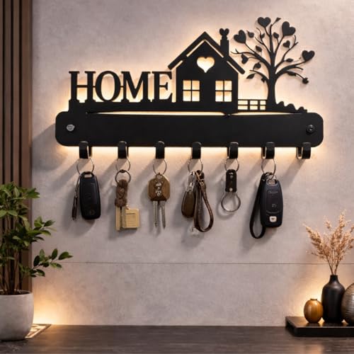 Image of Metal Key Holder Wall Mount - 7 Hooks | Decorative Key Rack & Organizer, Sturdy Hanger for Keys | Stylish Metal Wall Decor Key Hanger for Entryway, Kitchen, Hallway & Room Decor, Gift