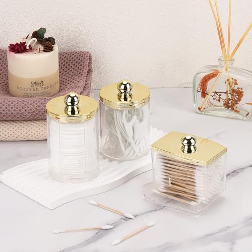 Image of Tbestmax 3 Pack Qtips Dispenser - Bathroom Organizers and Storage Containers, Plastic Apothecary Jars with Gold Lids for Cotton Ball Swab Round Pads, Floss - Gold