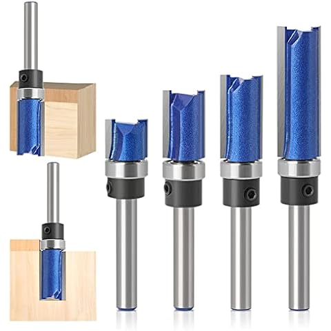 THF Professional Flush Trim Pattern Bit Set, 1/4 Inch Shank 4 Pcs Straight Flush Trim Tools Milling Cutter Tool with Bearing Template Router Cutter Cover