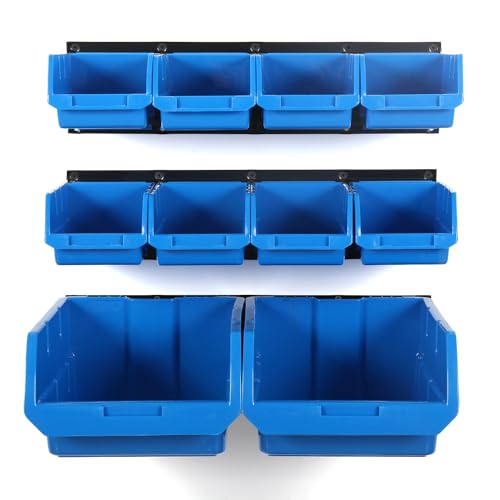 Image of Wallmaster Wall Mounted Storage Bins, Wall Storage Bins Parts Rack 10 Bins&3 Rails Wall Mount Tool Organizer Hardware Storage Organizer (Blue)