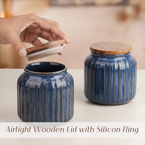 Image of The Earth Store Glam Blue Ceramic Jar Set of 2, 550ML | Wooden Air Tight Lid Jars for Pickles /Achar, Chutney, Sauces, Salt, Candy and Spices | Ceramic Jar for Kitchen, Gifting