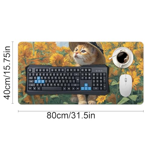 Image of Cat Sunflower Extended Gaming Mouse Pad, with Stitched Edges Large Mouse Pad Desk Protector, Rubber Base Mousepad Keyboard Mouses Mat for Work Game Office Home- 32 inch X 16 inch Inch
