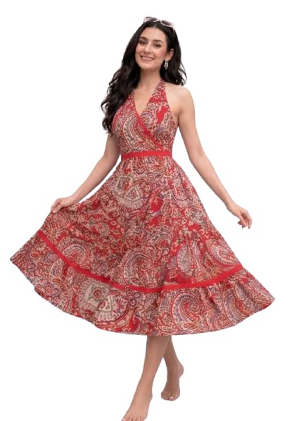 Women’s Sleeveless Calf Length Boho Midi Dress – V-Neck Ethnic Paisley Print A-Line Dress for Casual wear Pink Color Western Frock-picture-11