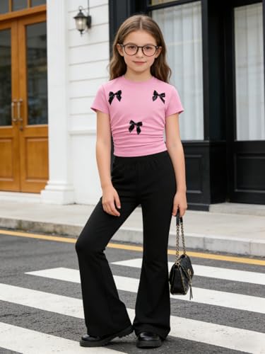 Image of Girls Clothes 2 Piece Short Sleeve Lace Bow Print Tops Flared Pants Set Little Girl Outfits Size 7-14