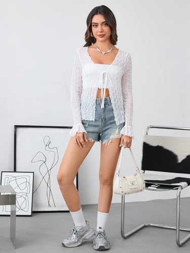 Image of Milumia Women's Y2K Textured Mesh Cardigan Shrug Tie Front Tops