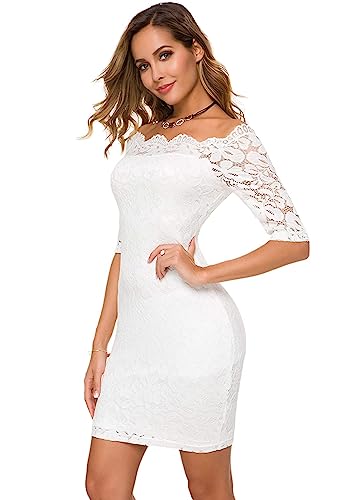 Image of Atnlewhi Womens Vintage Lace Floral Off Shoulder Elegant Swing Dresses A-line Mini Dress for Party Cocktail Wedding