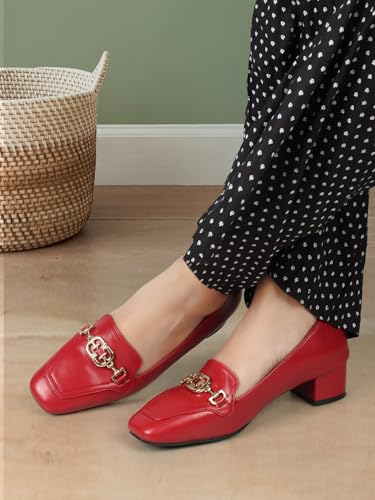 Image of ELLE Women's Square Toe Block Heels Slip-On Pumps with Buckle Detail