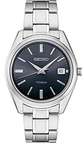 SEIKO SUR373 Watch for Men - Essentials Collection - Blue Dial with Sunray Finish, Date Calendar, Titanium Case & Bracelet, Sapphire Crystal, and 100m Water Resistant