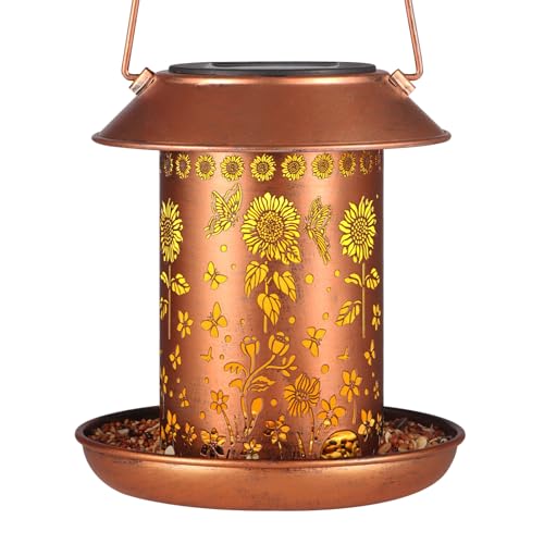 Solar Bird Feeder for Outdoors HangingSolar Lanterns Outdoor Waterproof Hanging Garden DecorMetal Wild Bird Feeders Decoration Outside Birthday Gifts for Women and MomSunflower