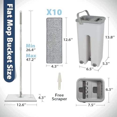 Image of 2 in 1 Scratch Moop for Floor Cleaning Long Handled Microfiber Flat Mop with Bucket Cleaning Squeeze Hand Free Floor Mop Extra 2 Reusable Moop Pads (A2)